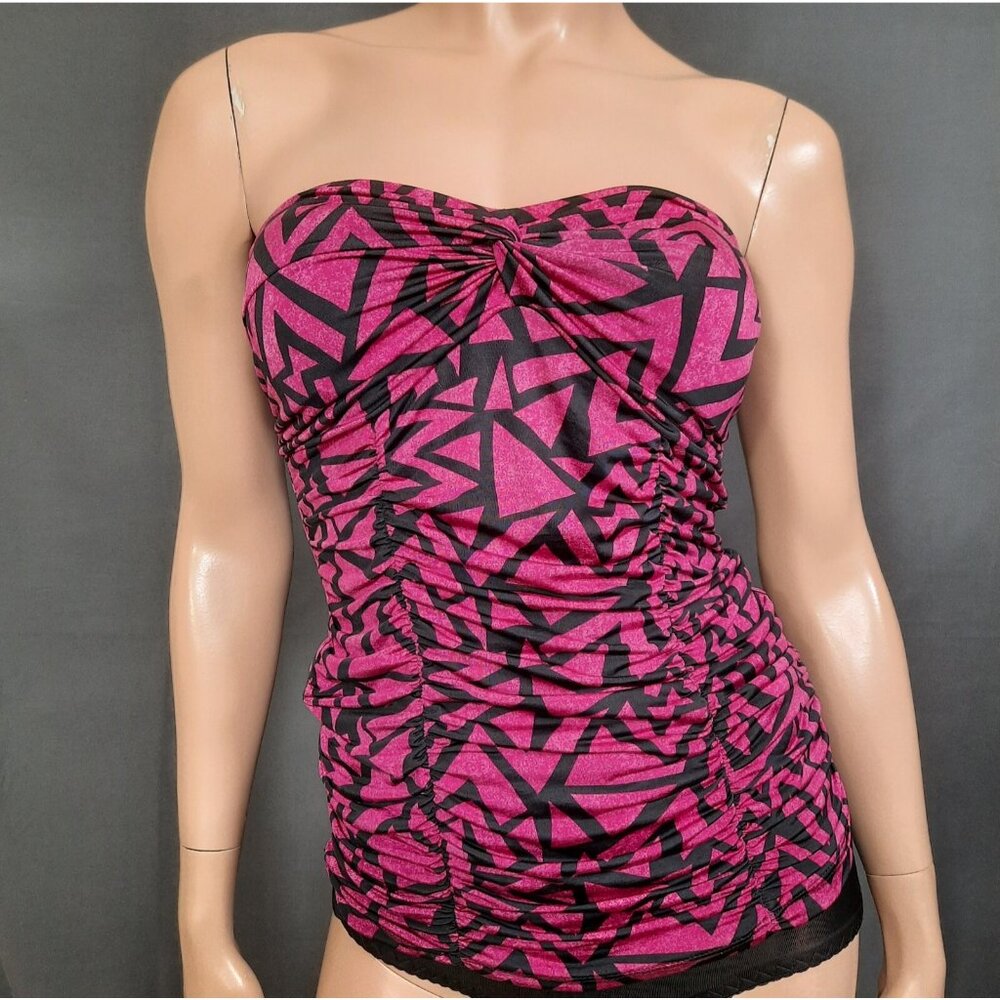 Y2K Bandeau tube Top Ruched Twist Front Purple Black Geometric Print Womens S